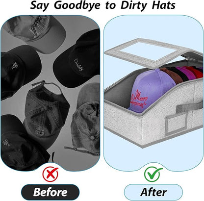 Hat Storage for Baseball Caps,2 PCS Stackable Hat Storage Boxes holds up to 24 Caps Hat Organizer for Closet, Sturdy Snapback Hat Boxes for Women&Men with Clear Window for Closet, Grey