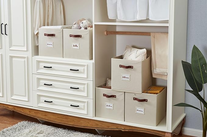 DECOMOMO Storage Cubes, 13x13x13 Storage Cube Bins with Labels, Fabric Organizer Bins (13" / 6pcs, Beige)
