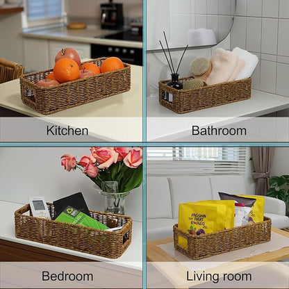 Basket for Toilet Paper Storage, Waterproof Wicker Baskets for Bathroom Counter Organizer, Small Storage Basket for Organizing Countertop Bathroom Bedroom Toilet Tank (Dark Brown)