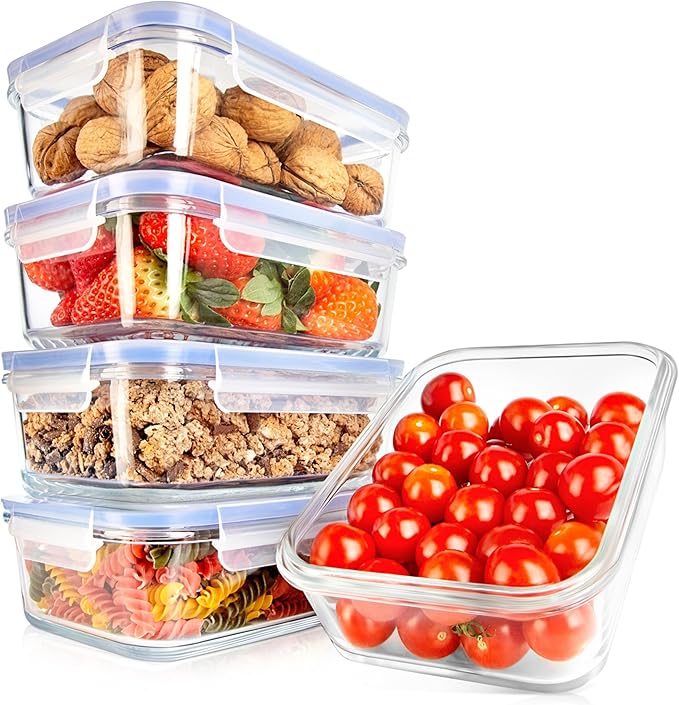 NutriChef 10 Piece Glass Food Storage Containers with Lids – 30 oz Meal Prep Containers Reusable – Airtight Glass Lunch Containers for Food Storage – Freezer to Oven Safe - Blue
