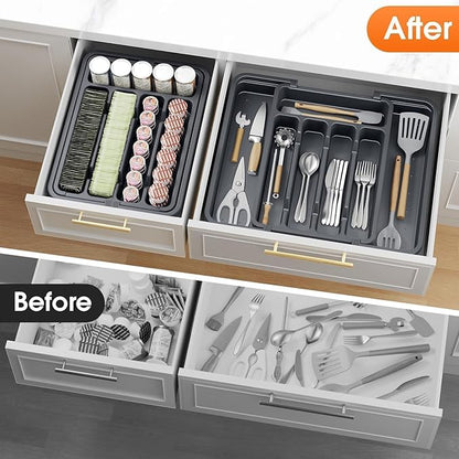 SpaceHacks Silverware Organizer，Adjustable & Expandable Utensil Drawer Organizer, BPA Free Utensil Holder, Cutlery Tray for Forks, Spoons, Knives in Kitchen, Medium, Grey