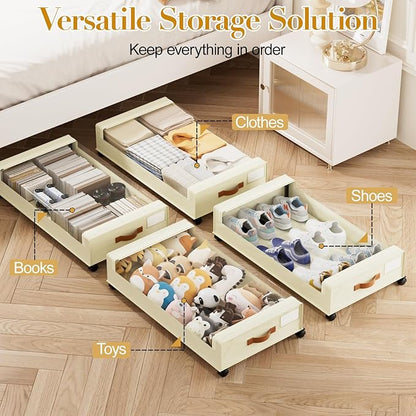 Yecaye Under Bed Storage with Wheels, 4 Pack Under the Bed Storage Containers with Lids & Label, XXL 60 L Rolling Underbed Storage Drawers for Clothes, Blankets, Shoes, Beige