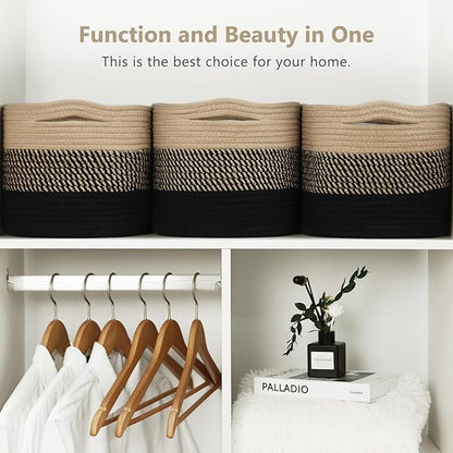 ECDYQXVU Cotton Rope Storage Basket, 15x10x9 Inches, Woven Basket for Shelves, Clothes, Towels, Books, and Laundry, Gradient Black/Brown (2 Pack)