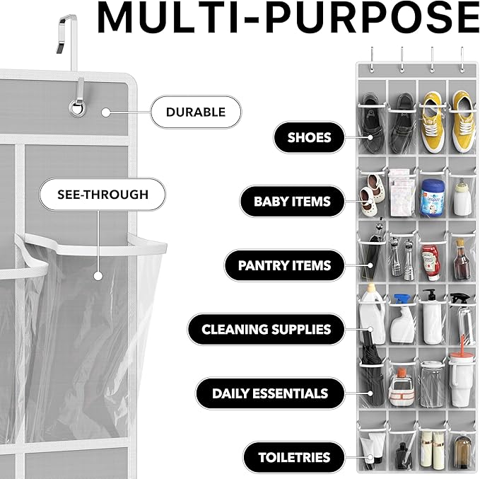 Simple Houseware 24 Pockets - Crystal Clear Over The Door Hanging Shoe Organizer, Gray (64'' x 19'')