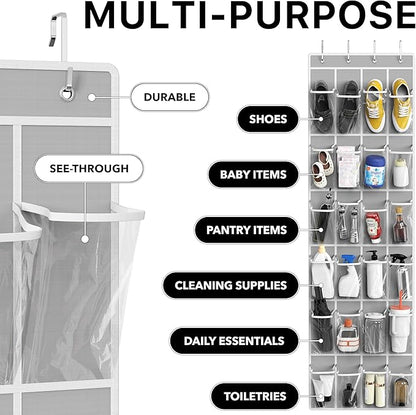 Simple Houseware 24 Pockets - Crystal Clear Over The Door Hanging Shoe Organizer, Gray (64'' x 19'')
