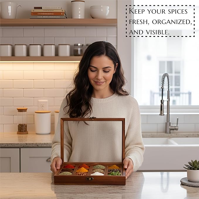 Wooden Spice Box, Masala Container, Condiments Storage Case for Kitchen, Multipurpose Decorative Box - Indian Rosewood Crafted