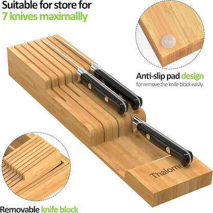 Bamboo Kitchen Drawer Organizer, Expandable Silverware Organizer with Removable Knife Block, 6-8 Slots- Utensil Holder & Cutlery Tray Drawer Dividers, 2.36" Deep for Extra Capacity, Natural