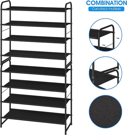 Simple Trending 4-Tier Stackable Shoe Rack, Expandable & Adjustable Fabric Shoe Shelf Storage Organizer, Black