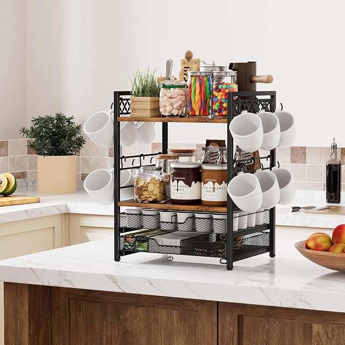 Plaviya Coffee Bar Station Organizer, 4 Tier K Cup Organizer Mug Holder with 12 Hooks, Coffee Pod Holder, Multifunctional Countertop Organizer for Kitchen