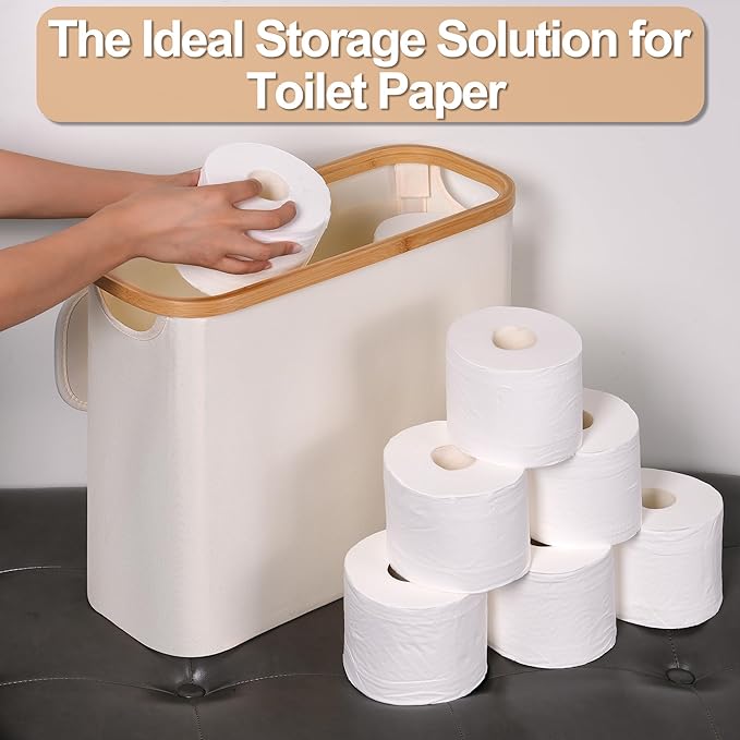 efluky Toilet Paper Basket 28L, Toilet Paper Holder with Lid for Bathroom, Free Standing Storage Organizer Holds Up to 9-12 Rolls (Beige, 1)