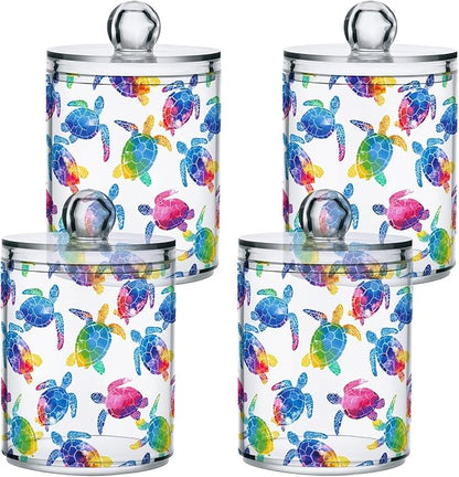 ALAZA 2pcs Multicolor Watercolor Sea Turtle Qtip Holder Dispenser 14 oz Bathroom Storage Clear Apothecary Jars Containers Cotton Ball,Cotton Rounds,Floss Picks, Hair Clips, Food