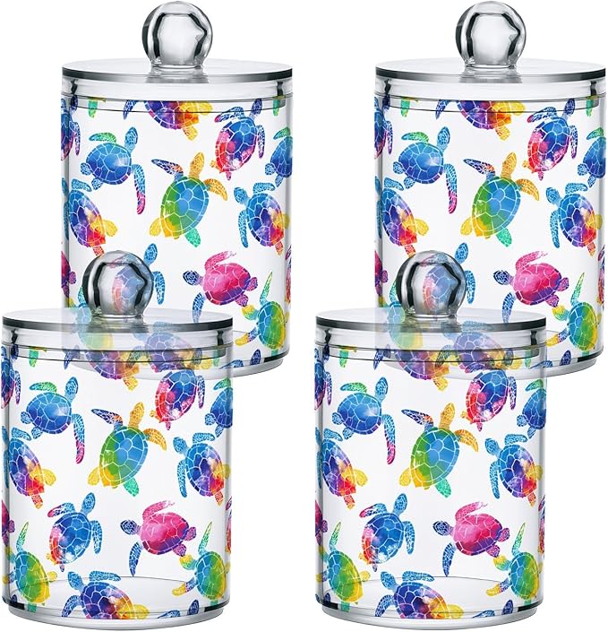 ALAZA 4pcs Multicolor Watercolor Sea Turtle Qtip Holder Dispenser 14 oz Bathroom Storage Clear Apothecary Jars Containers Cotton Ball,Cotton Rounds,Floss Picks, Hair Clips, Food