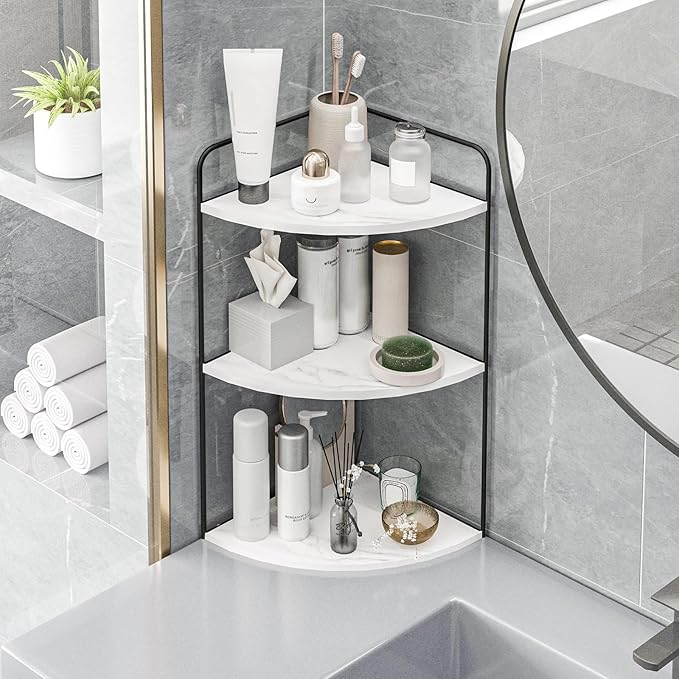 Forest Angle Bathroom Counter Organizer,Countertop Organizer,Vanity Organizers,Bathroom Storage,Bathroom Sink Caddy,Counter Shelf,Corner Counter,Corner Shelves(Black-White Marble)