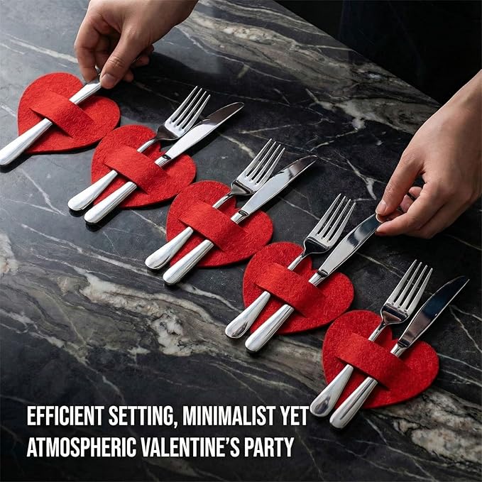 6PCS Valentine Heart Shaped Flatware Holders,Red Love Theme Felt Utensil Covers for Valentine’s Day, Engagement Romantic Dinner Table Party Decor Supplies