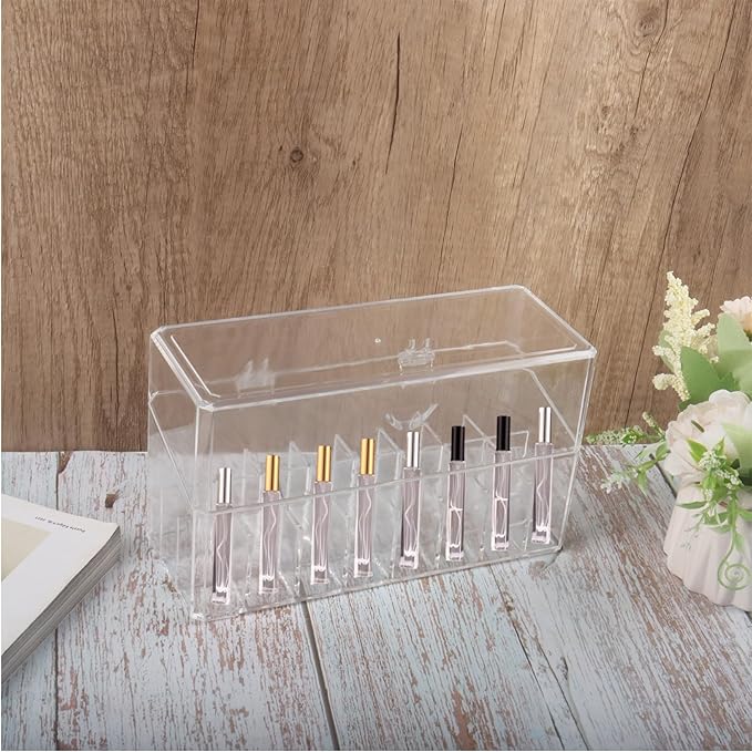 Klmnop Rollerball Perfume Organizer, 24 Grids Clear Acrylic Perfume Organizer Holder with Lid, Container Storage for Mini Perfume, Perfume Sample and Lipstick(Clear)
