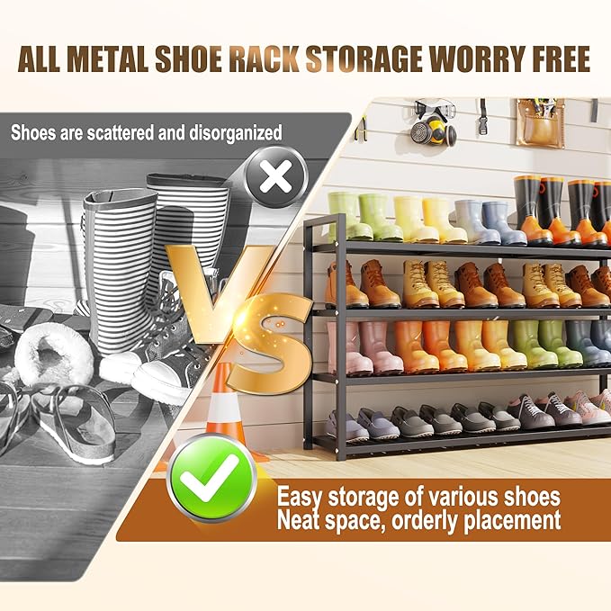 4-Tier Shoe Rack, Large Capacity Metal Free Standing Shoes Rack, Sturdy and Durable Shoe Organizer, Shoe Shelf for Closet, Entryway, Bedroom, for 24-28 Pairs, 42.1" W x 9.8" D x 27.6" H, Black