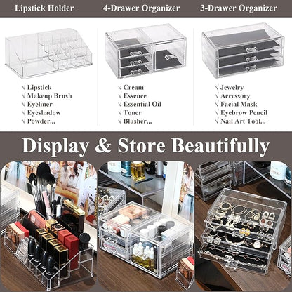Sea Team 3-Layer Stackable Clear Makeup Organizer with Drawers, Acrylic Plastic Cosmetic Display Case, Jewelry Storage Box for Dresser, Bathroom, Vanity, Countertop (7 Drawers, 1 Lipstick Holder)