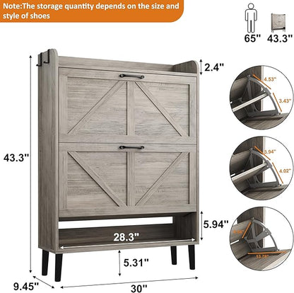 HOMEFORT Shoe Storage Cabinet for Entryway, 30" Freestanding Organizer with Two Flip Drawers, Narrow Hidden Shoe Rack with Wood Legs, Farmhouse Shoe Cabinet for Front Door Entrance,Washed Gray