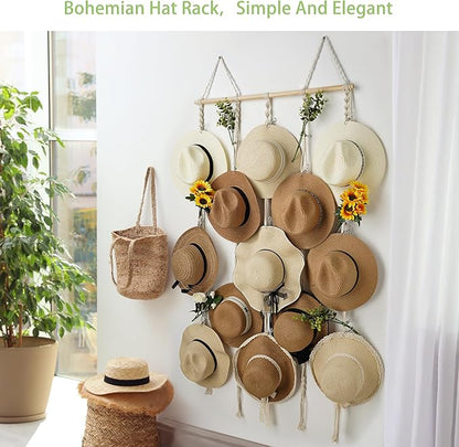 Macrame Hat Rack for Wall 31x66 in Hat Organizer with 15 Clips Hanging Hat Hanger Holder for Women Wide Brimmed Hat Storage for Fedora Boho Decorative Display