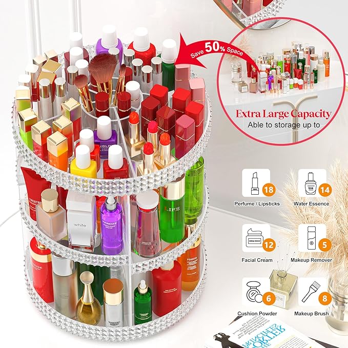 Awenia Makeup Organizer 360-Degree Rotating, Adjustable Makeup Storage, 7 Layers Large Capacity Cosmetic Storage Unit, Fits Different Types of Cosmetics and Accessories, Plus Size(Acrylic Clear)