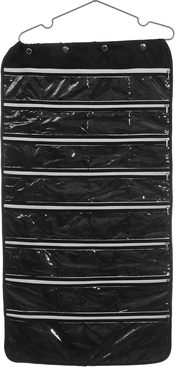 56 Pockets Large Zippered Dual Sided Jewelry Hanging Organizer Necklace Earrings Bracelets Rings Accessories Storage Bag Wall Mounted Door Cabinet Hanger Holder Clear Pouch Display Foldable