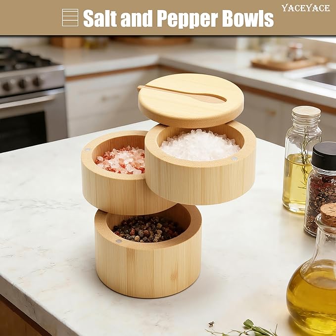 Bamboo Salt Cellar Bowl Box, 10oz Three-layer Small Salt and Pepper Containers, Bamboo Container Box with Lid and Spoon for Salt, Pepper