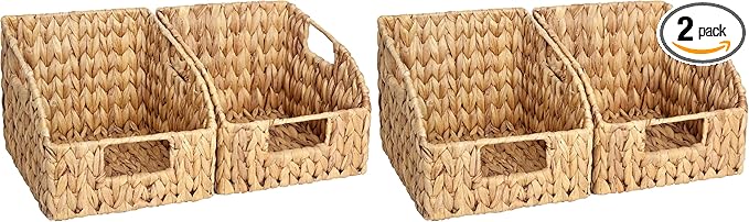 StorageWorks Pantry Baskets for Organizing, Wicker Basket with Built-in Handles, Handwoven Wicker Storage Baskets, Water Hyacinth for Shelves, 4 Pack