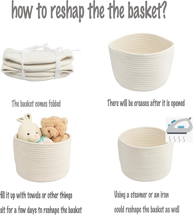 XUANGUO Woven Cotton Storage Baskets - 3-Pack Round Bins (10x10x7'') for Shelves, Closets & Bookcases | Durable Rope Organizers for Nursery, Baby, Toys, Easter & More (white)