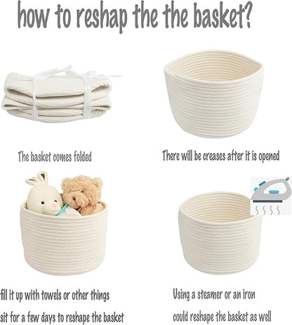 XUANGUO Woven Cotton Storage Baskets - 3-Pack Round Bins (10x10x7'') for Shelves, Closets & Bookcases | Durable Rope Organizers for Nursery, Baby, Toys, Easter & More (white)