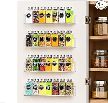 Wall Mounted Acrylic Spice Rack 4 Pack, 12 Inch Clear Pantry Door Organizer, Floating Spice Organizer, Adhesive or Screw Mounted Cabinet Seasoning Shelf