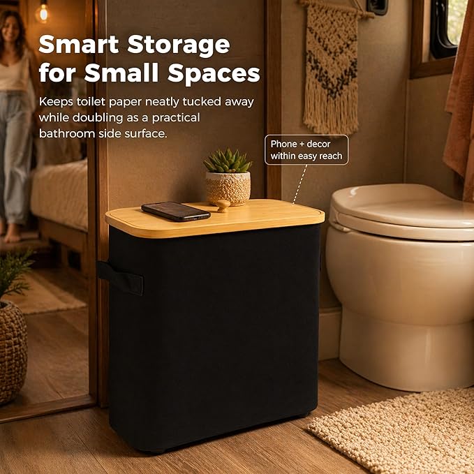 Premium Waterproof Toilet Paper Storage Box with Bamboo Lid - Fits 9 Mega Rolls, 900D Heavy-Duty Fabric Bathroom Organizer Bin with Elevated Base & Handles for Narrow Spaces (17.3"x 6.9"x 15.5")