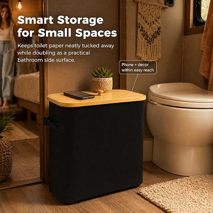 Premium Waterproof Toilet Paper Storage Box with Bamboo Lid - Fits 9 Mega Rolls, 900D Heavy-Duty Fabric Bathroom Organizer Bin with Elevated Base & Handles for Narrow Spaces (17.3"x 6.9"x 15.5")