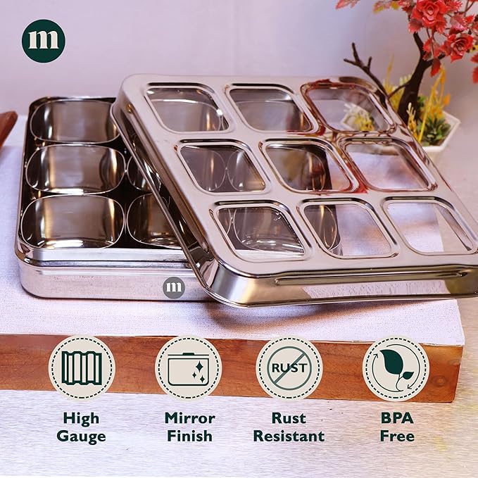 MARU Stainless Steel 9-in-1 Square Masala Dabba – Spice Box with 9 Round Containers, Individual See-Through Lids, and Durable Design for Easy Kitchen Storage (9 IN 1 Without inside lids)