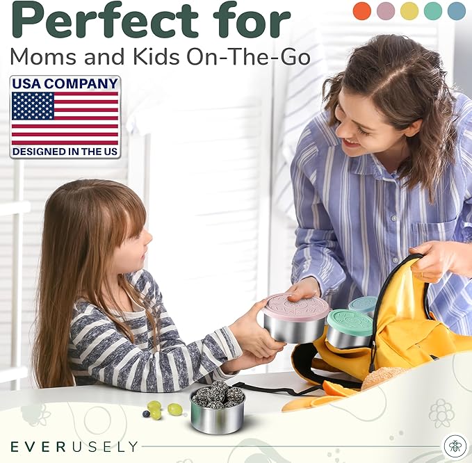Everusely - Stainless Steel Containers with Lids - Set of 5, Bright Collection - Leakproof Stainless Steel Food Containers - Nesting Snack Holders - Metal Lunch Box - Portable & Reusable Meal Kit