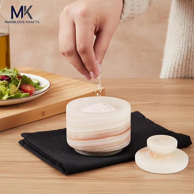 MARBLOUS KRAFTS Marble Salt Cellar with Lid White Onyx and Green Onyx 3" Stone Spice Jar, Perfect for Kitchen Counters, Ideal for Storing Salt, Sugar, and Pepper Bowls, Gift for Mom
