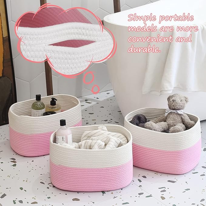 ECDYQXVU Cotton Rope Shelf Storage Basket, 15x10x9 in, Shelf Storage Baskets for Clothes, Towels, Books, Laundry (White/ Pink, 1 Pack)