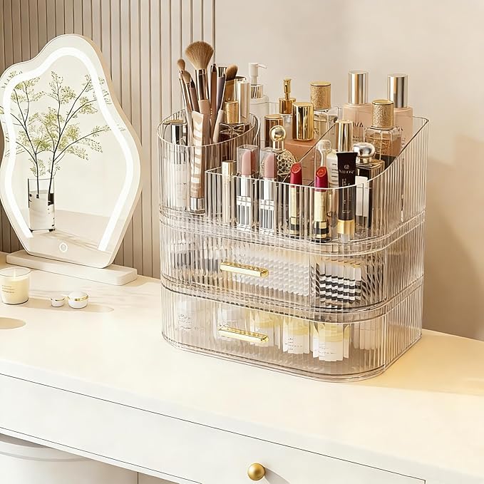 Makeup Organizer with 360 Rotating Brush Holder and Stackable Drawers, Cosmetic Display Case for Vanity, Bathroom Countertop (Clear, 3 Layer)