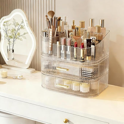 Makeup Organizer with 360 Rotating Brush Holder and Stackable Drawers, Cosmetic Display Case for Vanity, Bathroom Countertop (Clear, 3 Layer)