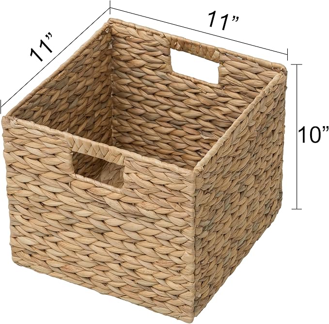 eHemco Large Square Woven Hyacinth Wicker Pantry Storage Baskets with Iron Wire Frame, 11"x11"x10", Natural, Set of 2
