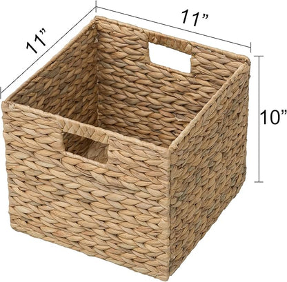 eHemco Large Square Woven Hyacinth Wicker Pantry Storage Baskets with Iron Wire Frame, 11"x11"x10", Natural, Set of 2