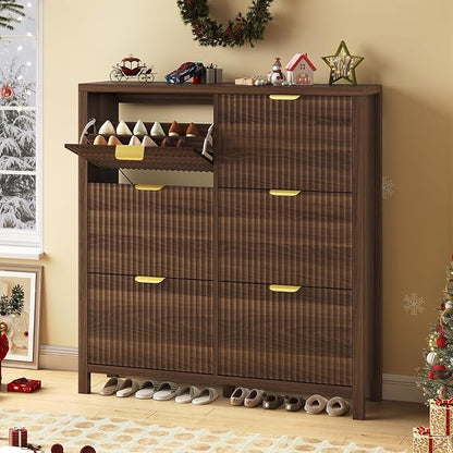 YOMILUVE 47.3" Shoe Cabinet Storage for Entryway, Fluted Shoe Cabinet with 6 Flip Drawers, Hidden Shoe Rack Freestanding Wooden Shoe Organizer with Legs for Hallway, Walnut