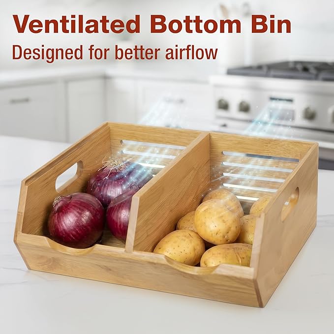 HOMESTEAD Stackable Solid Wood Storage Bins for Pantry & Countertop, Ventilated Potato and Onion Organizer with Handles, Wooden Produce Storage Containers (Natural)