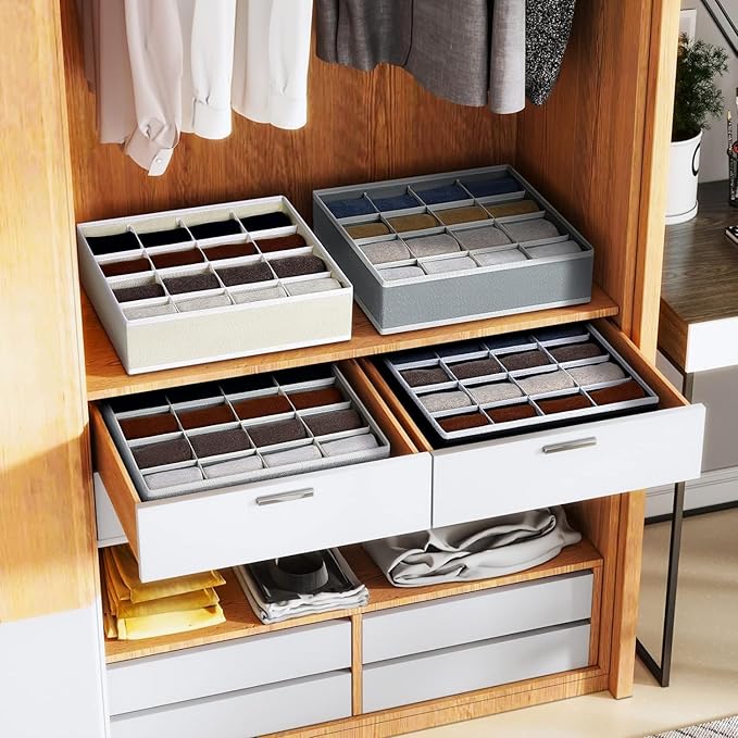 Joyoldelf Sock Drawer Organizer Divider Underwear Organizer 16-cell Fabric Dresser Drawer Organizers Storage Boxes for Socks Lingerie, Handkerchiefs, Ties 4 Pack (Black)