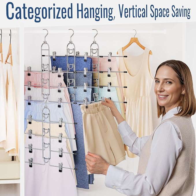 Pants Hangers With Clips, Newly Upgraded Detachable Space Saving Hangers for Skirts, Shorts & Trousers with Non slip clip,Heavy Duty Skirt Hangers - Hanging Closet Organizer And Storage,Patent Pending