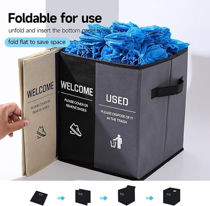 Foldable Shoe Cover Box Dispenser Storage Box Storage Bin Holder with Used Shoe Covers and Welcome Please or Remove Sign for Open House Supplies (Black, Gray)