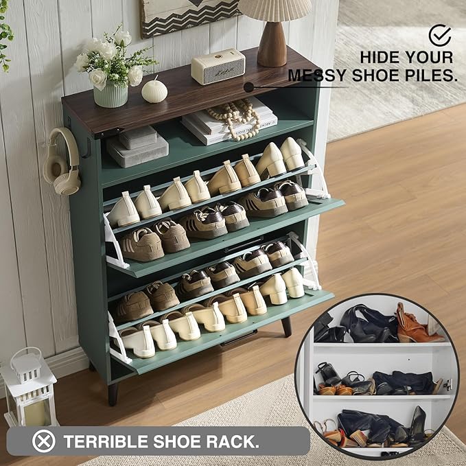 Barnyatoh Shoe Storage Cabinet,Farmhouse Shoe Organizer with 2 Flip Drawers & Barn Door Design,Freestanding Hidden Slim Narrow Shoe Rack Cabinet with Open Storage for Entryway, Foyer,Hallway,Green
