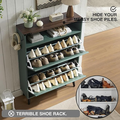 Barnyatoh Shoe Storage Cabinet,Farmhouse Shoe Organizer with 2 Flip Drawers & Barn Door Design,Freestanding Hidden Slim Narrow Shoe Rack Cabinet with Open Storage for Entryway, Foyer,Hallway,Green