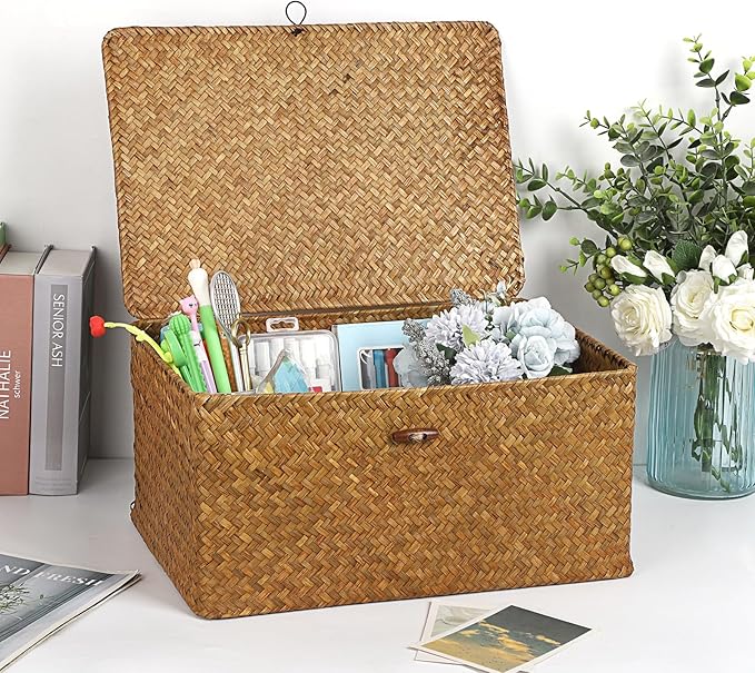 Hipiwe Wicker Shelf Baskets Bin with Lid, Handwoven Seagrass Basket Storage Bins Rectangular Household Basket Boxes for Shelf Wardrobe Home Organizer, Caramel X-Large
