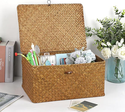 Hipiwe Wicker Shelf Baskets Bin with Lid, Handwoven Seagrass Basket Storage Bins Rectangular Household Basket Boxes for Shelf Wardrobe Home Organizer, Caramel X-Large