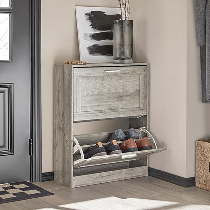 SoBuy Shoe Storage Cabinet Entryway, Slim Shoe Rack Freestanding, Narrow Shoe Organizer 2 Flip-Drawers Shoe Cupboard for Mudroom Front Door Entrance Hallway Bedroom, FSR137-HG (Grey)